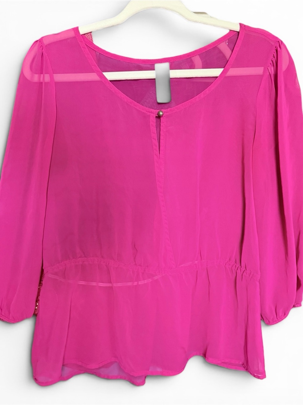 Women’s Sheer Pink Peplum Elastic-Waist Top Blouse Medium - Picture 2 of 3
